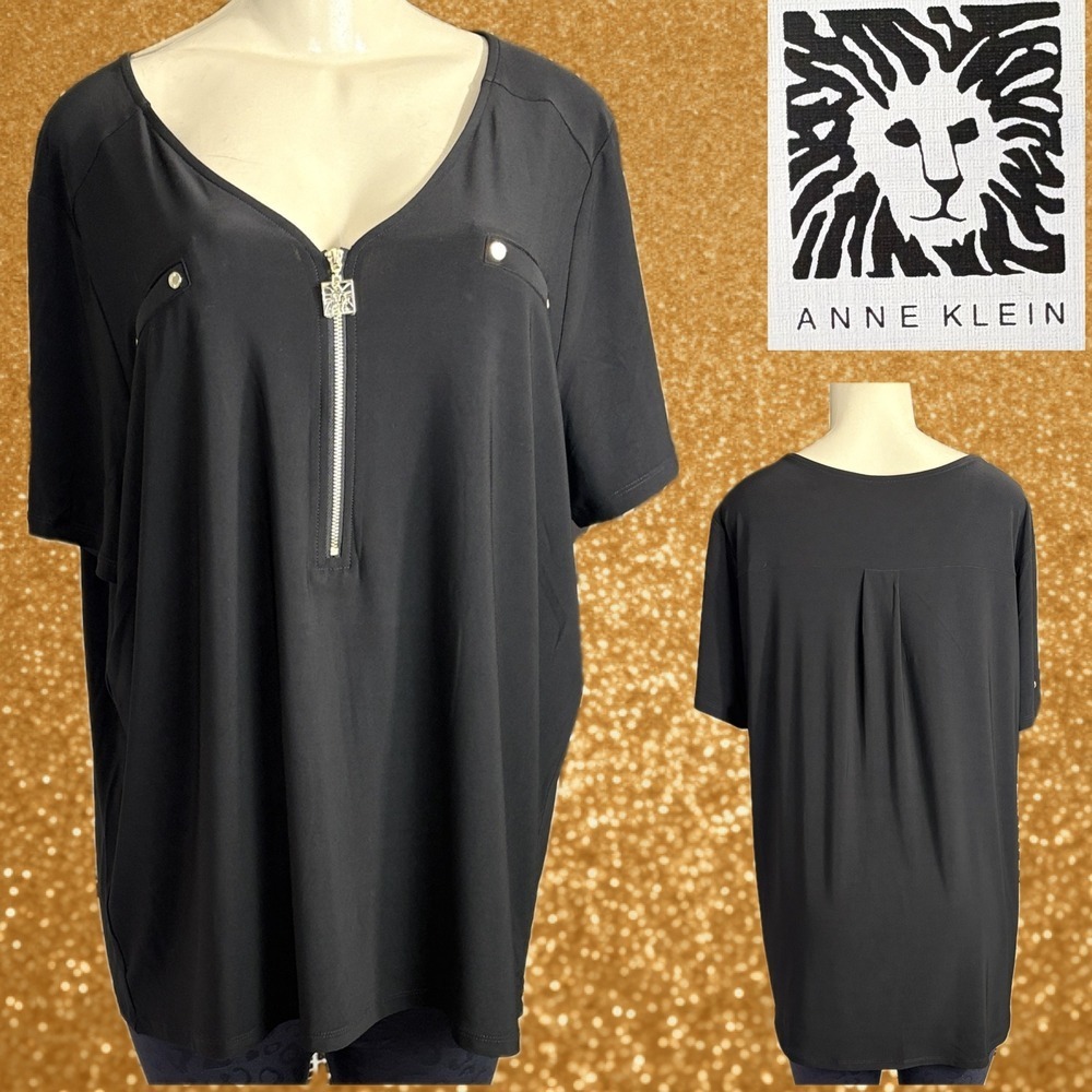 Anne Klein +2X Black Half Zip Neck Gold Metallic Stud Accent Short Sleeve Blouse